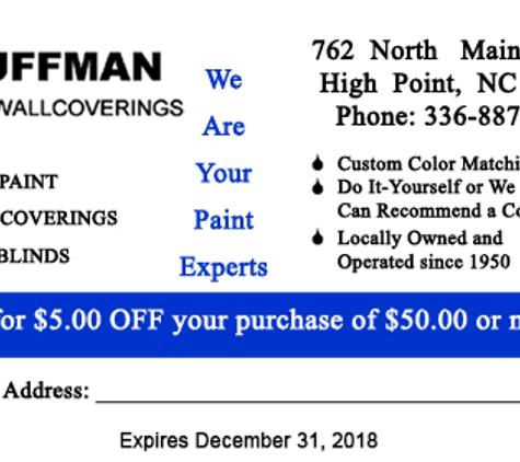 Huffman Paint & Wallcovering Co - High Point, NC. Expires 12/31/2018