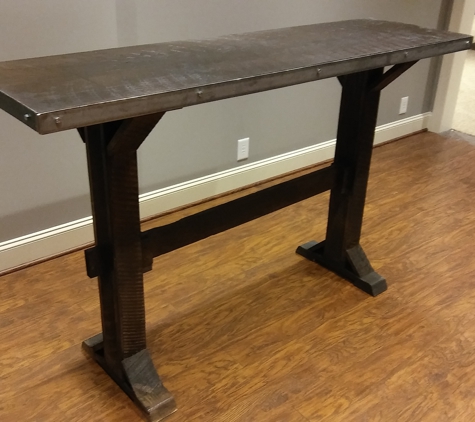 Cowboy Builds, Inc - Kennesaw, GA. 6ft custom bar table. Rough sawn boards. Stained Kona.