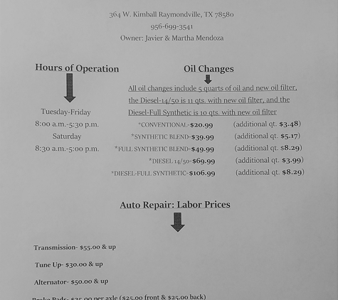 J&M Speedy Lube Express - Raymondville, TX. hours, prices, and minor auto repairs