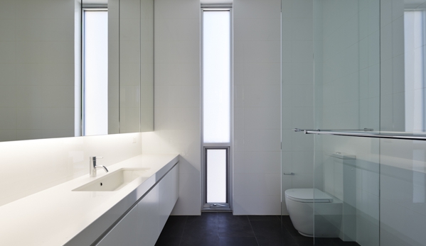 Qbic Living - Parkside, SA. Vanity with satin doors, mirrored cabinets with LED lights