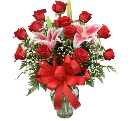 Dietz Flower Shop and Tuxedo Rental - Seguin, TX. Red with Romance and Stargazer Lilies