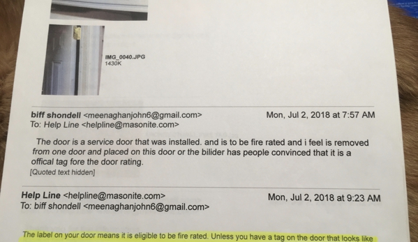 Steele & Loeber Lumber Co. From door manufacture, telling people it's Not rated for fire.builder and inspector tell buyer's it is.Inspector in builders pocket.PERIOD