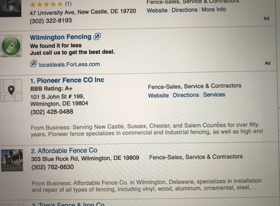 Pioneer Fence Co Inc - Wilmington, DE. Not a Member of BBB