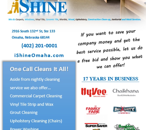 Universal Experts Consulting Firm - Omaha, NE. New Sales Flyer for iShine Omaha