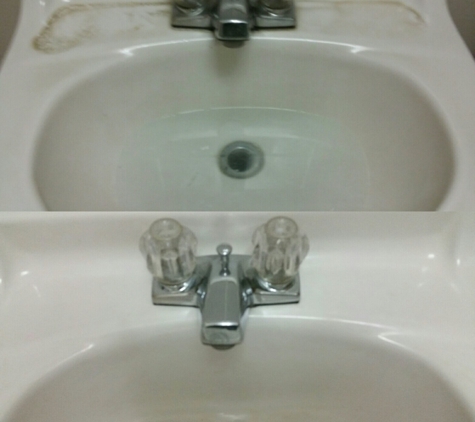 Peachy Klean Services - The Dalles, OR. Before & After Picture of Hard Water Stains & Soap Scum