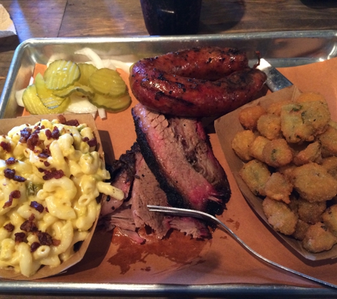 Pecan Lodge - Dallas, TX. Brisket. Sausage, mac and cheese and fried okra.