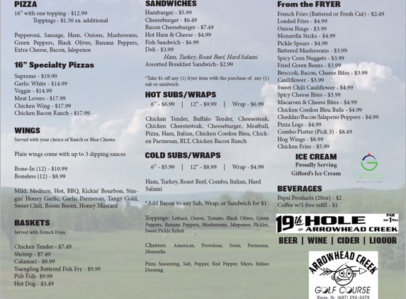 Arrowhead Creek Golf Course - Dundee, NY. Menu 6/28/18