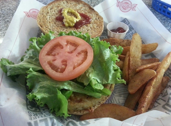 Fuddruckers - Burbank, CA. Veggie Burger with wedge fries! Yummy!