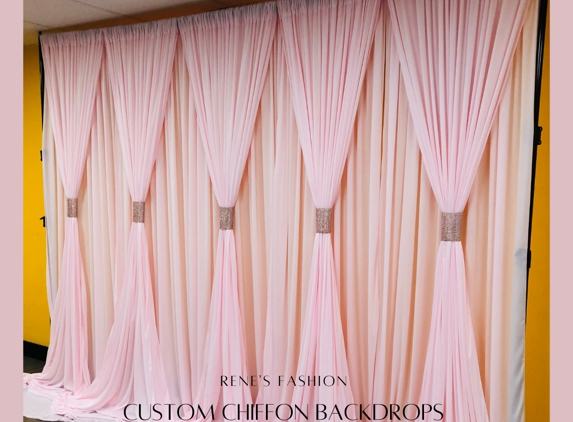 Rene's Fashion - Los Angeles, CA. custom chiffon curtain backdrop with rhinestones decoration.