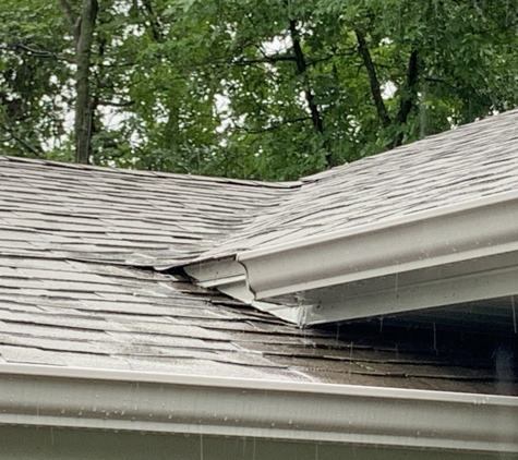 Guaranteed Guttering - Haskell, OK. Here is the gutter where water dumps on the roof and ran back into the ceiling of the garage. Videos on Facebook show how much water falls.